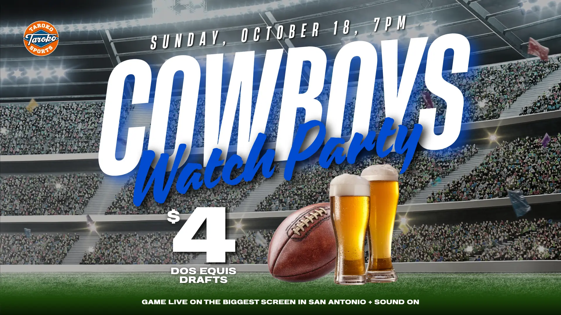 Cowboys Watch Party graphic: a football and two draft beers on a stadium field