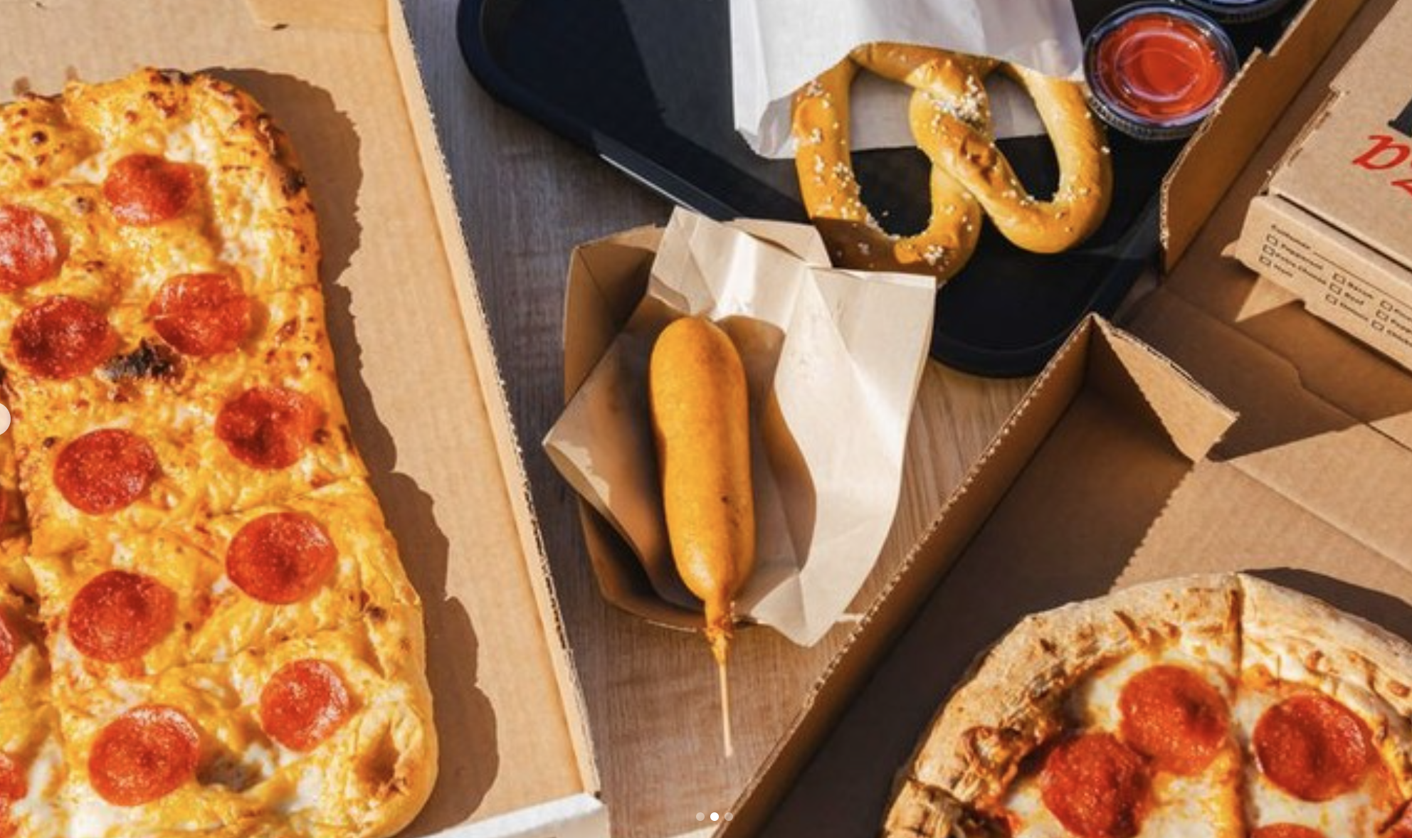 Taroko food: flatbread pizza, pretzel, corn dog